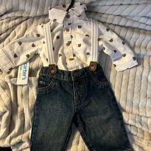 Carter's White Bear Print Shirt and Denim Suspender Pants